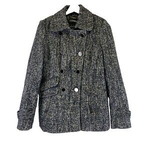 BOGO Express Wool Blend Pea Coat Black White Button Jacket Collared Short Small
